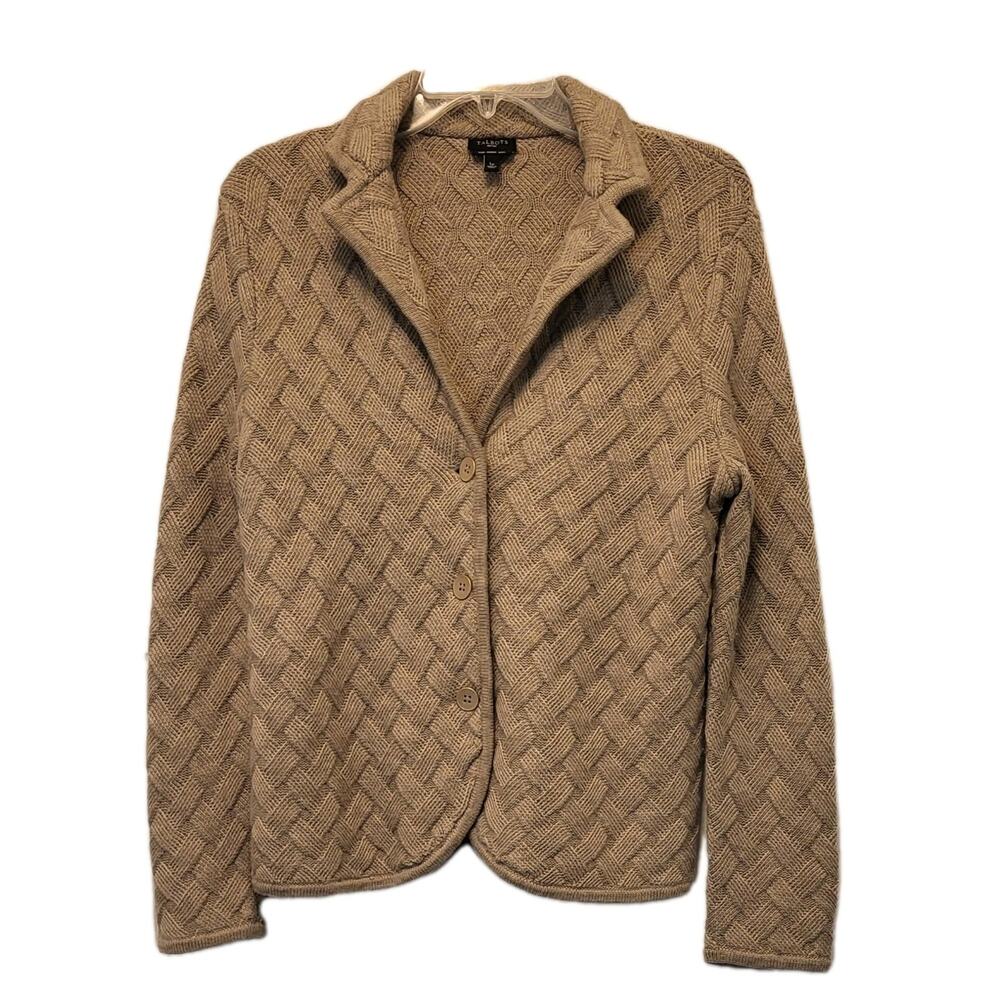 Talbots Petites Large Tan Merino Wool Size LP Button Up Cardigan